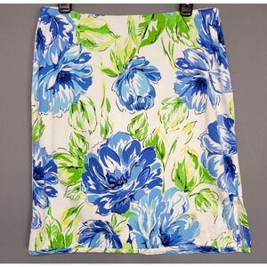 City Silk Skirt Womens 12 Blue Green Floral Stretch Pencil Summer Side Slit